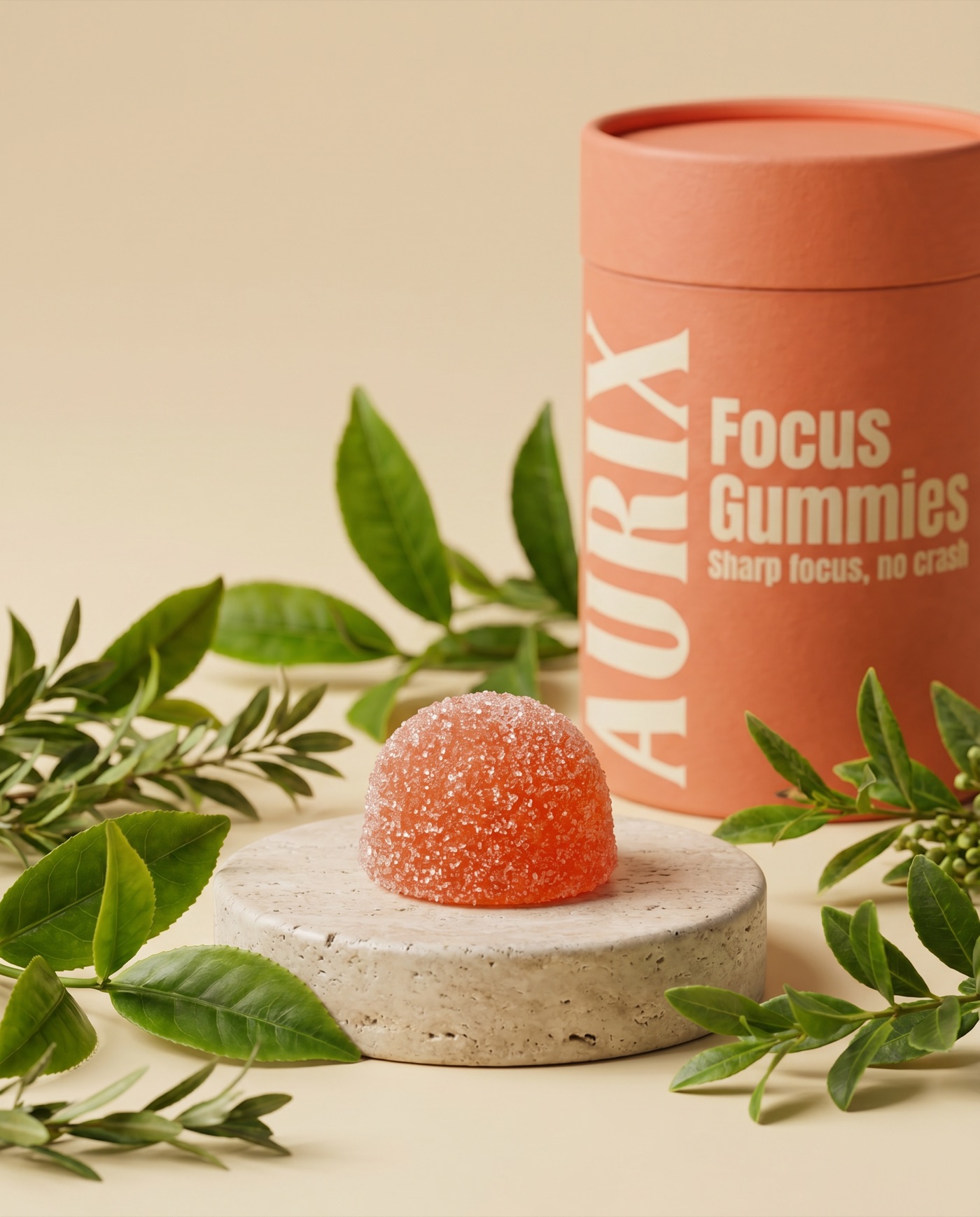 An AURIX tube with a gummy on a stone pedestal, surrounded by real botanicals