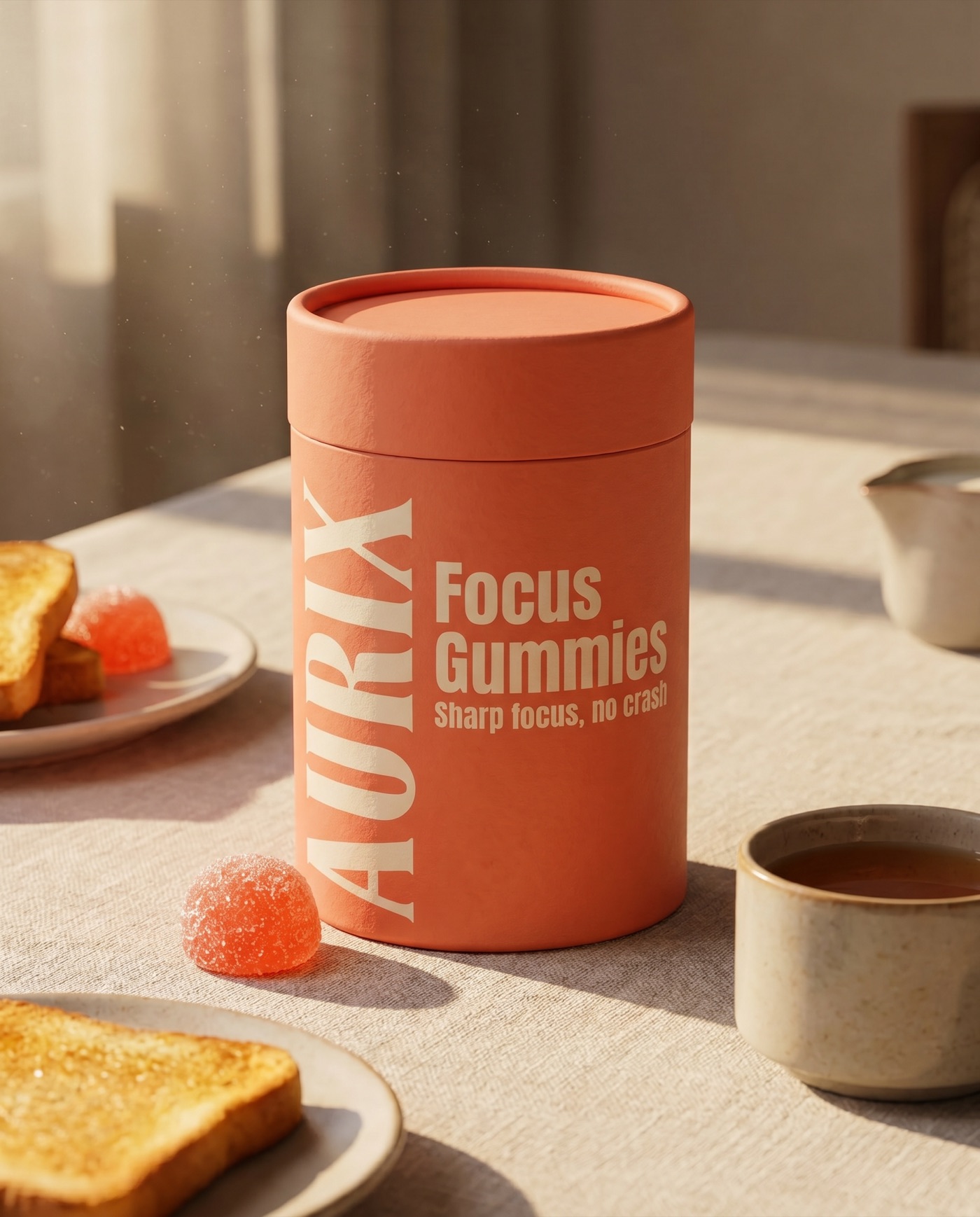 An AURIX tube on a breakfast table in morning light, two gummies beside it